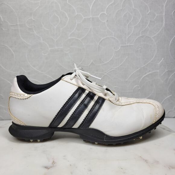 Adidas Traxion Spiked Golf Shoes Mens 8.5 White Black Leather Lace Up Oxford - Picture 1 of 16